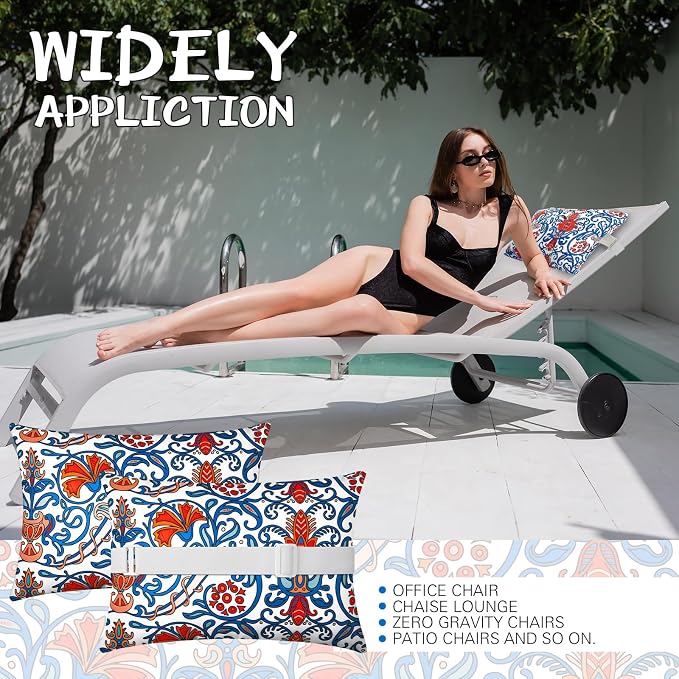 Lineshading 4 Pcs Chaise Lounge Pillow with Strap Outdoor Waterproof Pool Chair Neck Headrest Pillows with Adjustable Elastic Band for Beach Patio Chair Recliner(Orange Blue,Paisley)