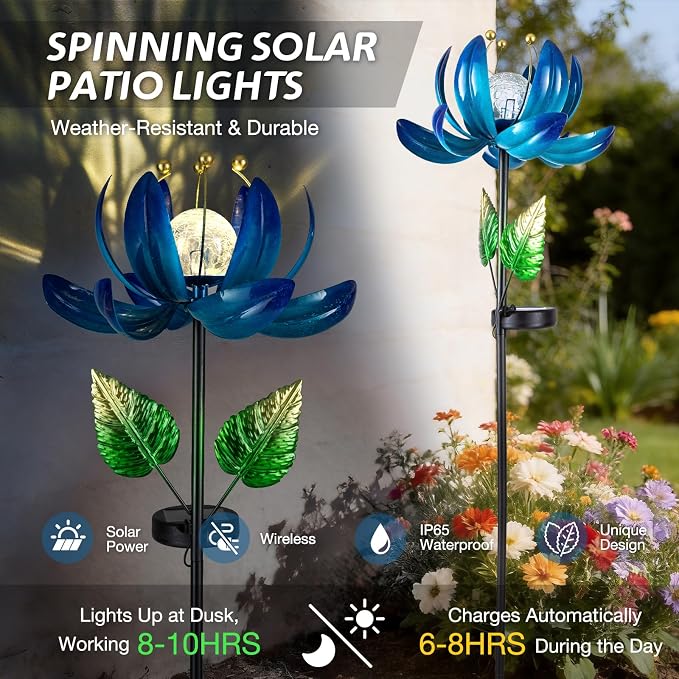 AIINY Solar Garden Lights Metal Flower Decor, Colorful Lotus Pathway Spinning Windmill with LED Cracked Crystal Ball Outdoor Decorative Stake Lighting Waterproof Flower Sculpture for Patio Yard