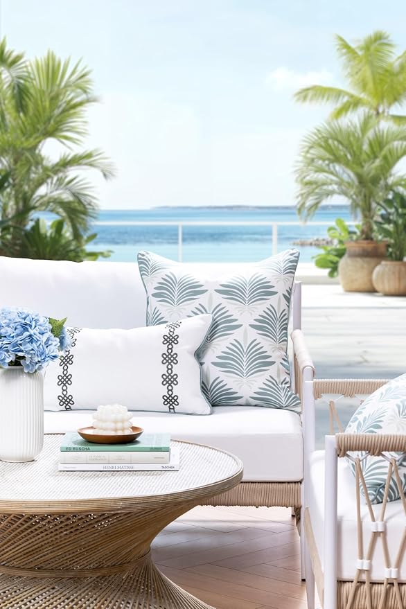 Hofdeco Premium Coastal Hampton Patio Indoor Outdoor Lumbar Pillow Cover Only, 12"x20" Water Repellent for Backyard, Couch, Poolside, Celadon Green Embroidered Chinoise Lucky Knots