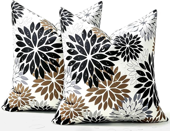Outdoor Waterproof Throw Pillow Cases Pack of 2 Dahlia Flowers Throw Pillow Covers 18×18 Black and Brown Decorative Spring Summer Cushion Covers for Garden Patio Living Room Couch