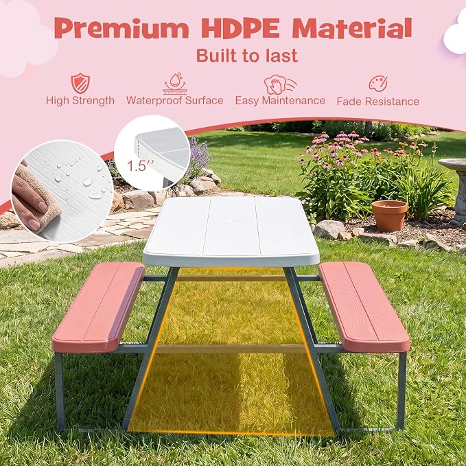 HONEY JOY Kids Picnic Table, 4 Person Toddler Outdoor Table and Chair Set, Built-in Benches, Removable Umbrella, Metal Frame & HDPE Top, Children Outdoor Furniture for Backyard Patio Garden (Pink)