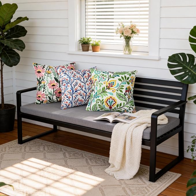 Floral Waterproof Outdoor Throw Pillow Covers 18x18 Inch Set of 2 | Green and Yellow Floral Pillow Cover, Summer Outdoor Decor Cushion Cases for Garden Patio Balcony Funiture Porch Couch Sofa