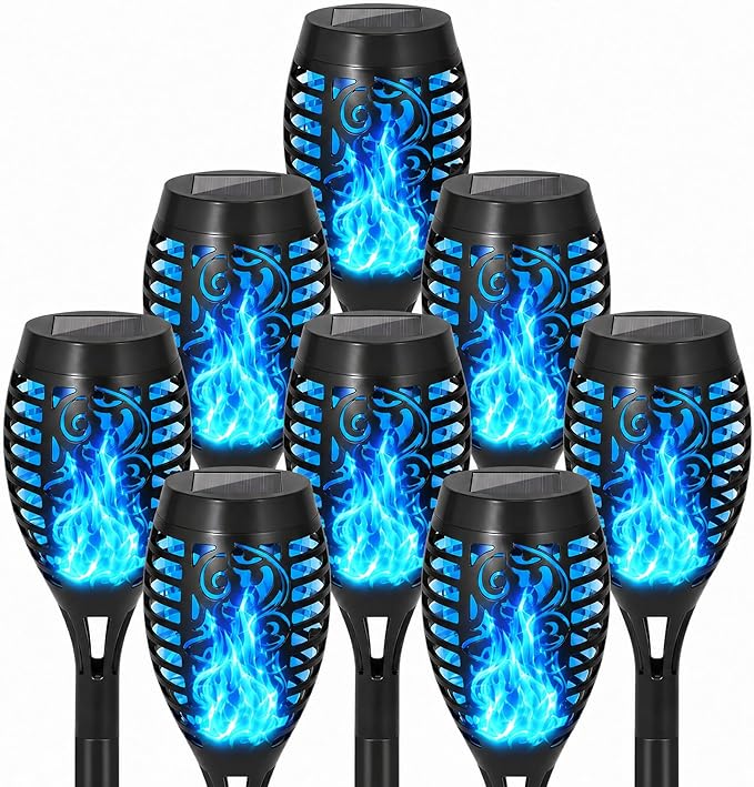 8 Pack Solar Lights Outdoor, Blue Flickering Flame Torches | Blue Flickering Flame, Long Nighttime Glow, Auto-On at Dusk, IP65 Weather-Resistant, Tool-Free Ground Setup