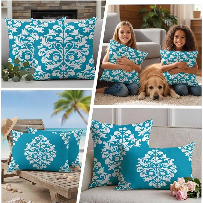 Outdoor Waterproof Pillow Covers for Patio Vintage Floral Teal Decorative Throw Pillow Cover Rustic Pillowcases Set of 2 Cushion Case for Sofa Couch Chair 18x18 Inch