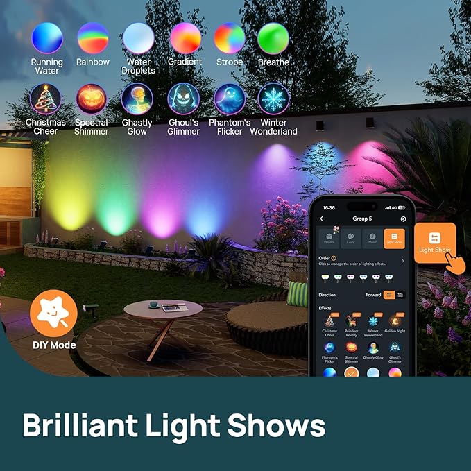 Linkind Smart Solar Spot Lights Outdoor SL5C, IP67 Waterproof Solar Lights | APP/ Voice Control, Cool/Warm White/Color Changing Solar Spotlight Outdoor for Yard, Lanscape, Garden, Pathway(4 Pack)