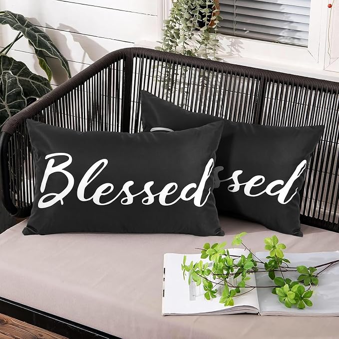 Adabana Outdoor Waterproof Blessed Pillow Covers Set of 2 12x20 Inch | Home Decorative Outdoor Pillows Cover for Patio Garden Porch Farmhouse