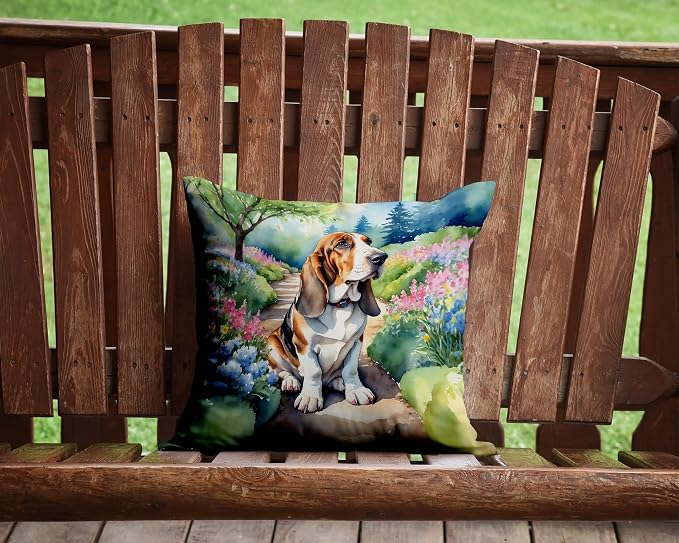 Caroline's Treasures Basset Hound Spring Garden Throw Pillow Machine Washable, Indoor Outdoor Decorative Pillow for Couch, Bed or Patio, 14Hx14W