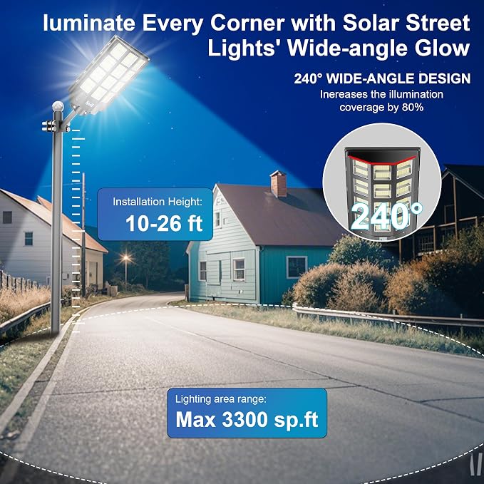 Solar Street Light 8000W, Solar Street Lights Outdoor Waterproof, 240000LM 8000K Solar Powered Street Light Dusk to Dawn with Motion Sensor, LED Wide Angle Lamp