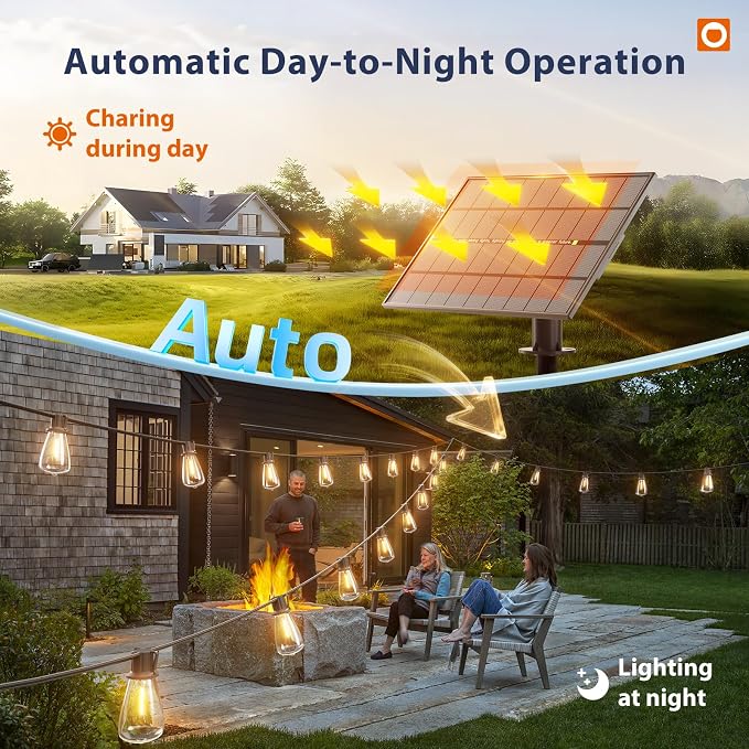 addlon 150FT(144+6) Solar String Lights Outdoor with Remote, Long-Lasting | Waterproof Patio Lights, Dimmable & Timable Hanging Solar Light with 45 LED Bulbs for Outside, Yard, Garden, Camping, Gazebo
