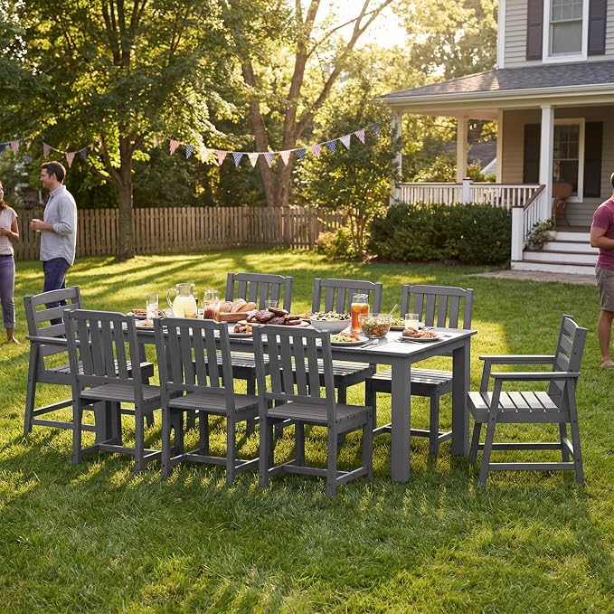 Ayge 9-Piece Outdoor Dining Set – HDPE Patio Furniture for 8 with 2" Hole Cut-Out Table & 8 Chairs, Perfect for Pool, Patio, Garden, Gray