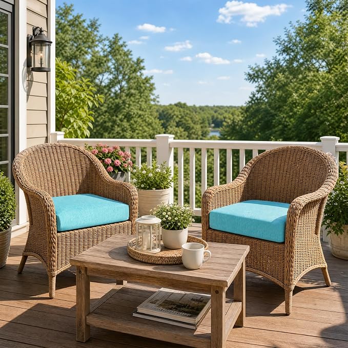 Aoodor Patio Chair Cushions Set of 4, 25 x 25 x 4 Inch Water Resistant Outdoor Seat Cushions with Handle and Ties, Square Corner Cushions for Patio Furniture Garden Lawn, Teal