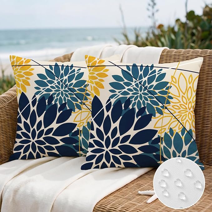 OTOSTAR Outdoor Dark Blue Yellow Cyan Pillow Covers 16x16 Inch Set of 2 Flower Throw Pillows Farmhouse Geometric Dahlia Floral Square Cushion Case Waterproof Decor for Sofa Patio Funiture Garden
