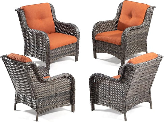 Outdoor Wicker Chair Rattan Patio Dining Chairs Set of 4 PE Wicker Patio Chairs with 3.5 inch Seat Cushions Patio Seating Chair for Garden, Backyard Swimming Pool, Balcony, Beige