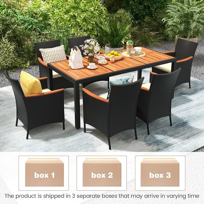 HAPPYGRILL 9 Pieces Outdoor Dining Set for 8, Patio Conversation Set with Acacia Wood Tabletop, Umbrella Hole, Washable Seat Cushions, Rattan Dining Table & Chair Set for Garden Yard Poolside
