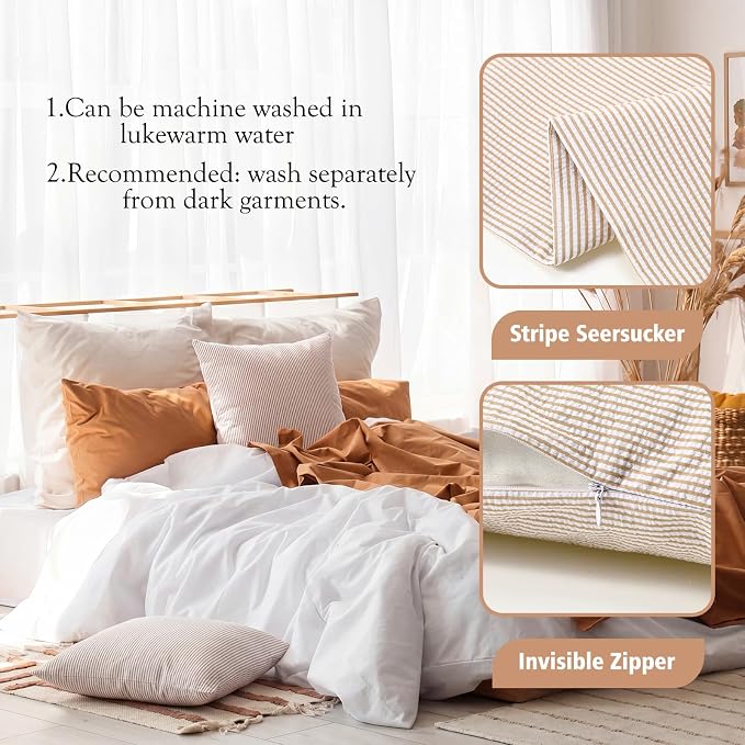 Huhumy Khaki Throw Pillow Cover 18" x 18" for Home Decoration Striped Modern Style Decorative Cushion Covers No Inserts Seersucker Pillow Cover for Living Room, Chair, Bed, Couch, Set of 4