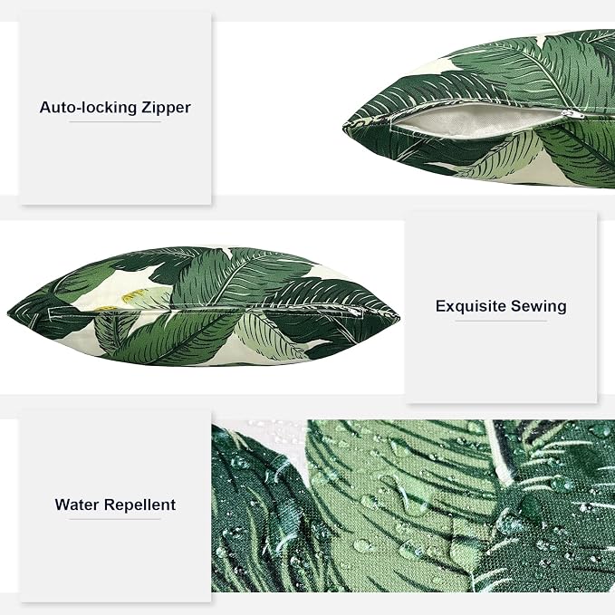 Outdoor Throw Pillows 16x16 Inch, Water Repellent Patio Pillows with Inners Set of 2 for Patio Furniture Home Garden, Swaying Palms Green