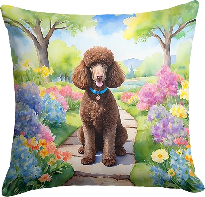 Caroline's Treasures Chocolate Poodle Spring Path Throw Pillow Machine Washable, Indoor Outdoor Decorative Pillow for Couch, Bed or Patio, 18Hx18W