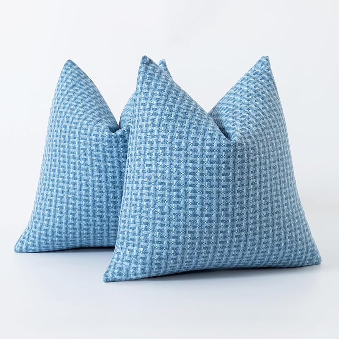 Kevin Textile Outdoor Waterproof 16"x16" Pillow Covers 2 Pack, Light Blue | Water Resistant Weaving Faux Linen Texture Throw Pillow Covers, Outside Decorative Pillowcases for Garden Patio Balcony Couch