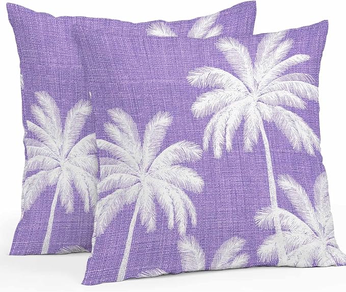 Outdoor Pillow Covers 26x26 Inch Set of 2, Purple Palm Trees Waterproof Throw Pillow Covers, Farmhouse Tropical Summer Beach Decorative Cushion Pillowcases for Couch, Sofa, Bed, Garden, Patio