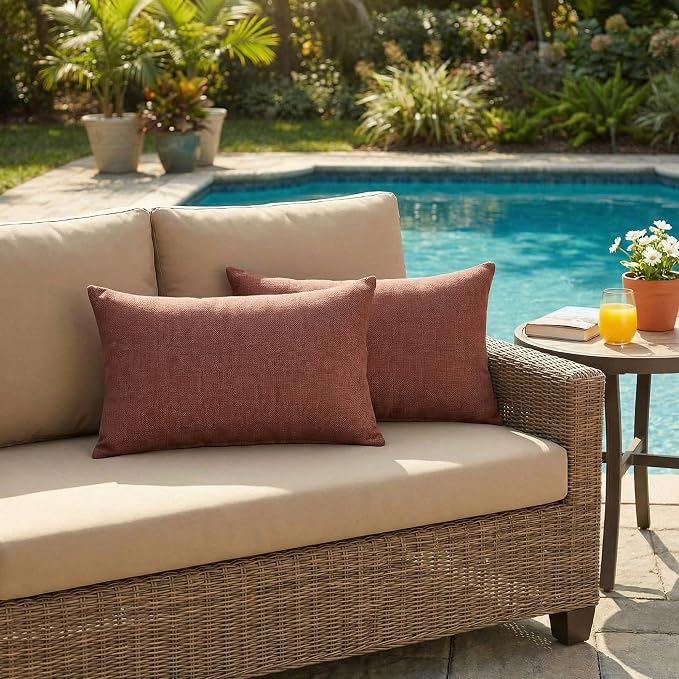 RSH DECOR: Sunbrella Lumbar Throw Pillows Set of 2 | 20" x 12" | Water and Fade-Resistant Performance Fabric | Outdoor Pillow Covers with Down-Alternative Inserts | Made in USA (Essential Russet)