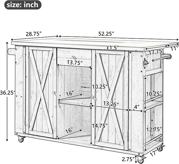 Outdoor Kitchen Island Fir Wood Kitchen Island with Stainless Steel Top,Ample Storage Space, Towel and Spice Racks and a Bottle Opener for Outdoor (Natural Wood@53)