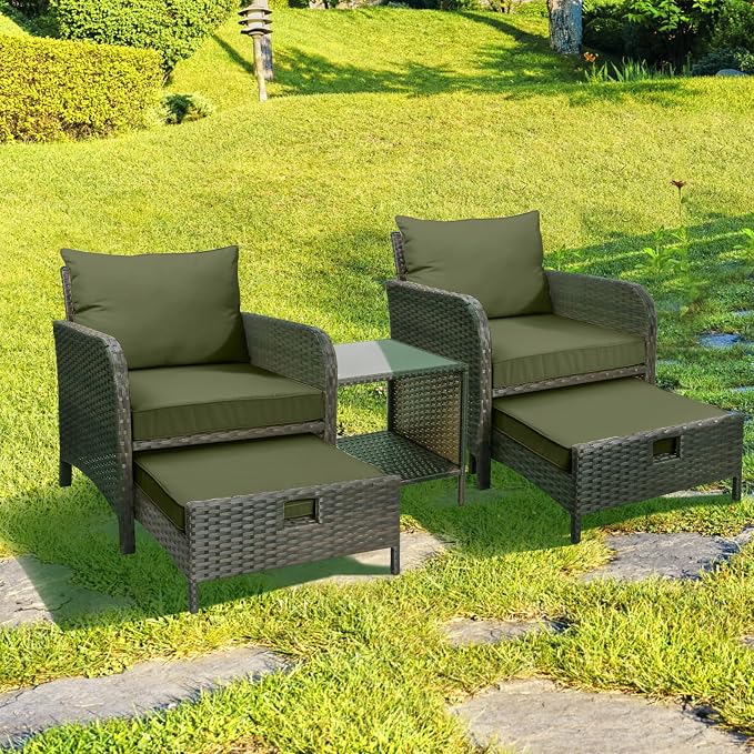 LEVELEVE Balcony Furniture 5 Piece Patio Conversation Set, PE Wicker Rattan Outdoor Lounge Chairs with Soft Cushions 2 Ottoman&Glass Table for Porch, Lawn-Brown Wicker（Army Green