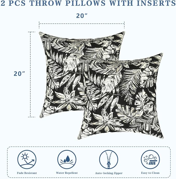 LVTXIII Outdoor Pillows 20x20 Inch, 2 Pack Large Decorative Square Throw Pillows with Inserts for Couch, Bed, Floor Seating, Patio Furniture, Tropical Leaf Black