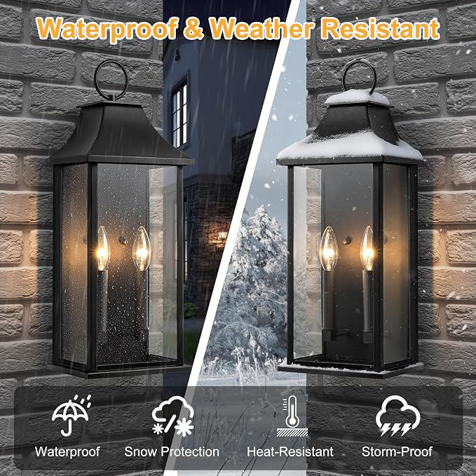 Outdoor Wall Lights, Dusk to Dawn Waterproof Outside Wall Sconce | Large Modern Wall Fixture with Glass, Exterior Lamp for House, Porch, Garage, 2-Light (20.6 Inch, Black)