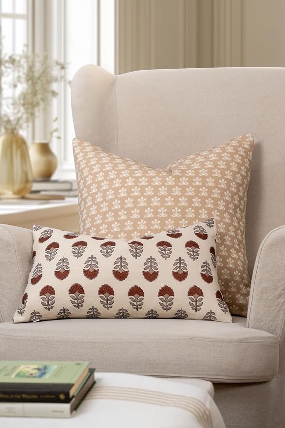 Crumbs Home Modern Farmhouse California Casual Indoor Outdoor Lumbar Pillow Cover, 12"x20" Water Repellent for Patio, Backyard, Couch, Poolside, Earth Tone Rust Orange Neutral Block Print Flowers