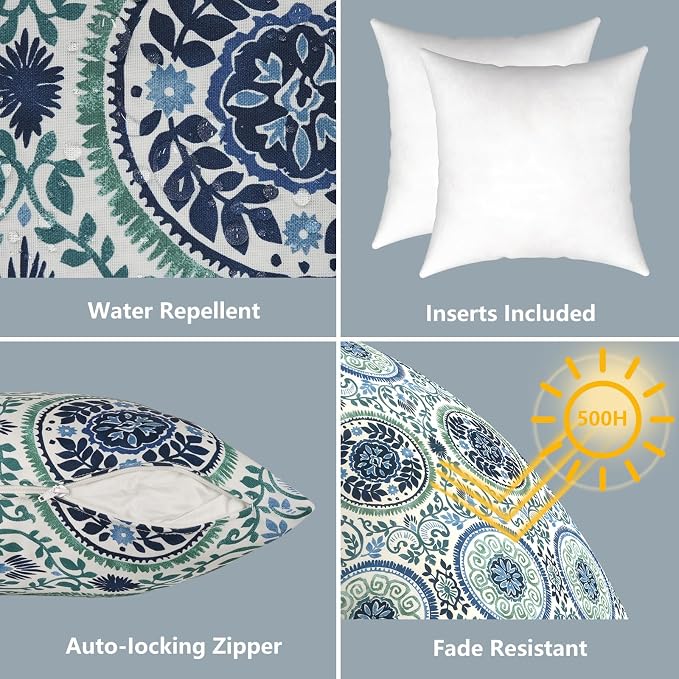 LVTXIII Outdoor Pillows 20x20 Inch, 2 Pack Large Decorative Square Throw Pillows with Inserts for Couch, Bed, Floor Seating, Patio Furniture, Coastal Medallion