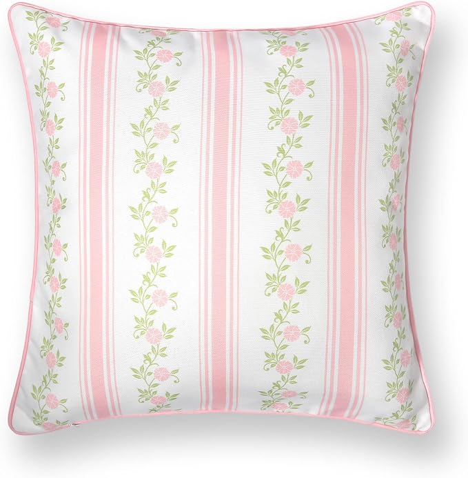Hofdeco Premium Coastal Patio Indoor Outdoor Throw Pillow Cover Only, 20"x20" Water Repellent for Backyard, Couch, Blush Pink Print Stripe Floral