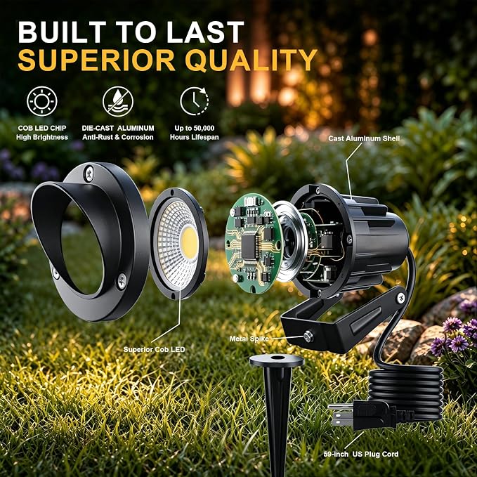 Romwish 12 Pack LED Landscape Spotlights, 120V Plug-in Outdoor Lighting | 12W 1200LM Brightness with 3000K Warm White, IP65 Waterproof, Adjustable head & 60° Beam for Tree Garden Pathway Yard