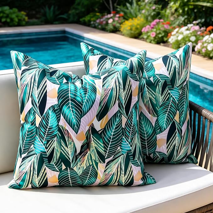 Outdoor Waterproof Pillow Covers Summer Green Tropical Leaf Decorative Throw Pillow Covers Square Accent Couch Covers Garden Cushion Cases 18x18 Inch Set of 2 for Patio Tent Balcony Furniture Sofa