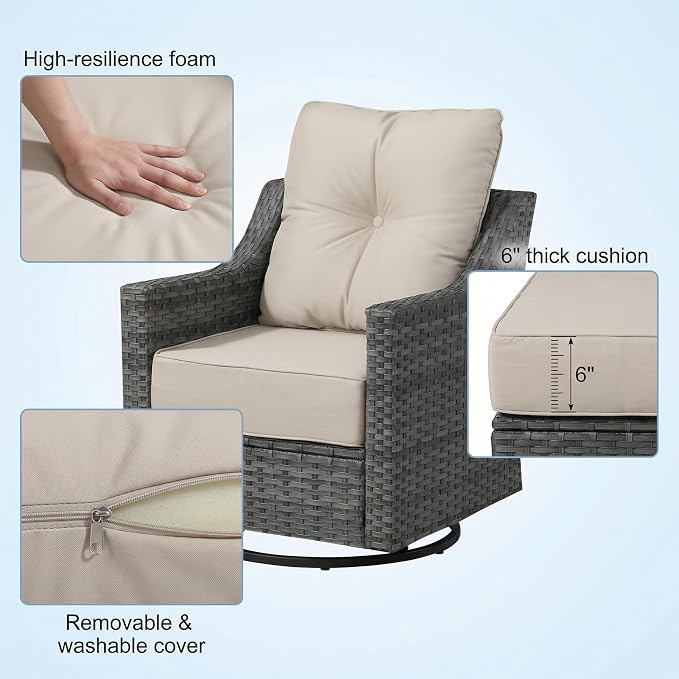 7 Piece Wicker Patio Furniture Set with 6" Thick Cushions, High Back Wicker Swivel Rocker Chairs, All Weather Conversation Set for Porch Deck Backyard Poolside (Beige)