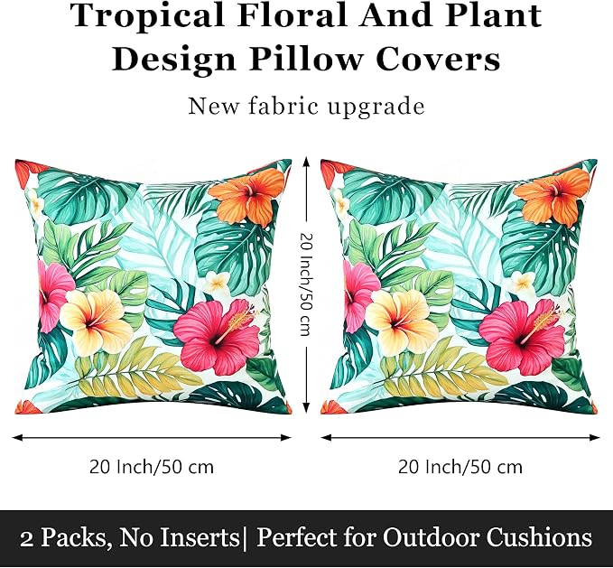 Outdoor Pillow Covers 20x20 Inch Set of 2, Tropical Floral Plants Modern Throw Pillows Cases Waterproof Square Garden Cushion Sham for Patio Funiture Tent Balcony Bench Sofa Couch, Pink Green