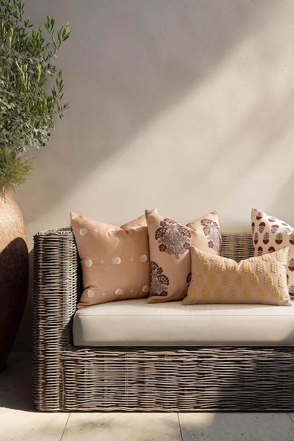 Crumbs Home Modern Farmhouse California Casual Indoor Outdoor Lumbar Pillow Cover, 12"x20" Water Repellent for Patio, Backyard, Couch, Poolside, Earth Tone Ivory Cream Tan Embroidered Leaves
