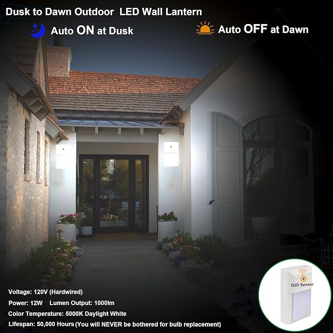 Outdoor Porch Light, LED Wall Sconce, Rustproof Aluminum | Dusk to Dawn Modern Exterior Wall Light Fixture for House, Patio, Garage, 12W 1000 Lumen, Waterproof, 5000K, White, 2 Pack