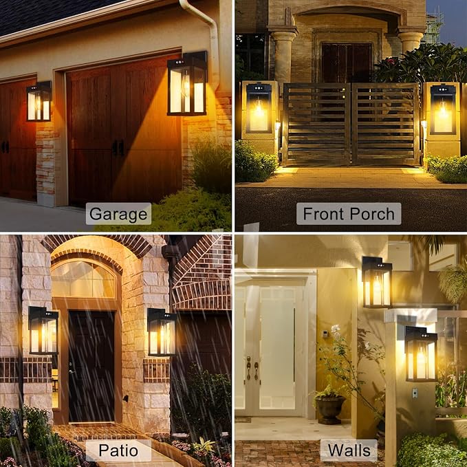 Solar Wall Lights Outdoor, Solar Sconce Lantern with 3 Lighting Modes | Motion Sensor, Porch Light Fixture Outside Waterproof with Clear Panel for Garage Yard Front Door Shed (2 Pack)