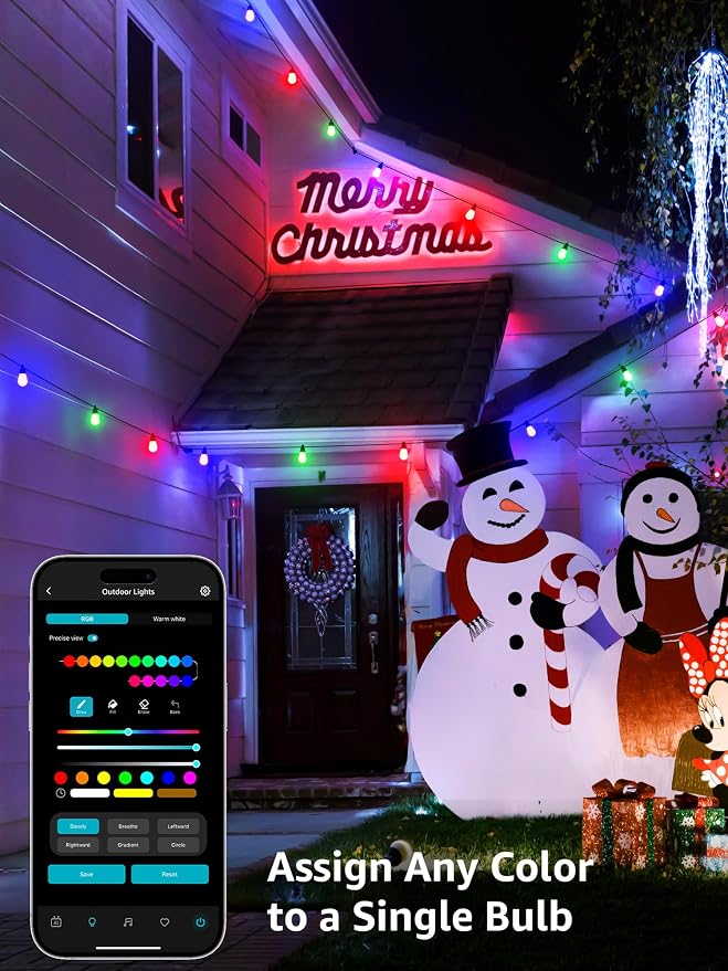 Lepro ZB1 AI Smart Outdoor String Lights, 54(42+12) ft RGB+IC+Warm White Outside Light with 15 Plastic LED Bulbs, Music Sync, Alexa Google Enable, 2.4 GHz WiFi+Bluetooth (APP Control, No Remote)