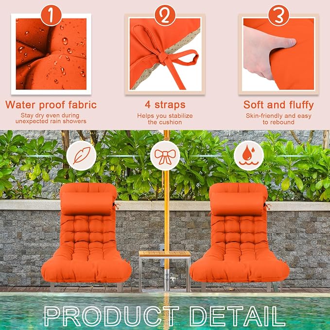 Tudomro Outdoor Chaise Lounge Cushion 66x21x4'' Waterproof & Fade-Resistant Patio Pool Chaise Lounge Cushion Headrest Pillow Tie Replacement Rocking High Back Chair(Bright Orange,Set of 2)
