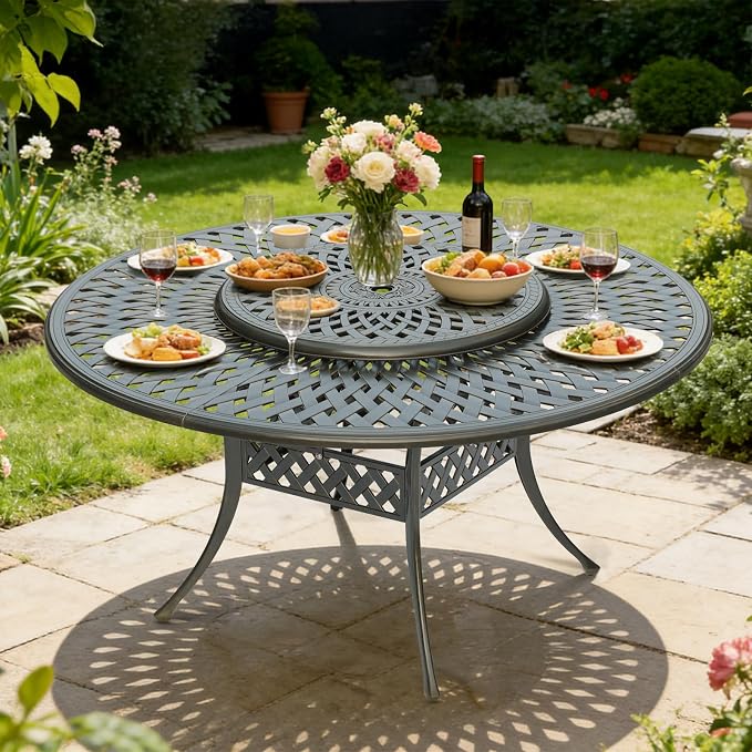 MEETWARM Outdoor 61" Round Patio Dining Table with Detachable Lazy Susan, All Weather Cast Aluminum Large Patio Furniture Table Set for 8 Seat with 31" Rotating Tray, Umbrella Hole, Dark Bronze