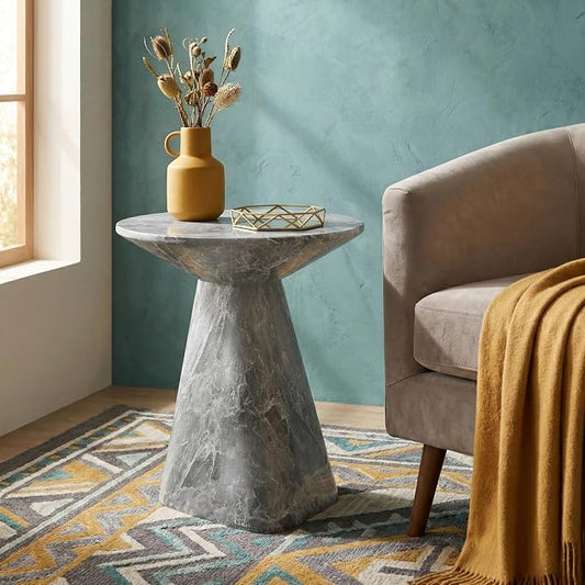 24/7 Shop at Home Ranera Modern 18-inch Natural Stone Side Table with Angular Pedestal Base, Marble Nightstand, Geometric Patio End Table, for Living Room, Covered Outdoor Spaces, Balcony, Gray Marble