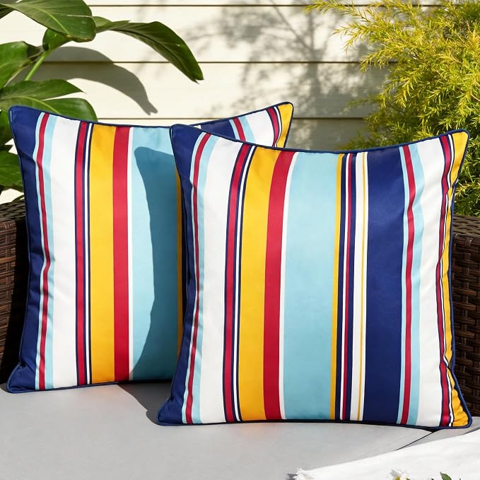Waterproof Outdoor Pillow Covers 18x18 Inch Set of 2, Colorful Stripe Decorative Throw Pillow Cover with Piping, Modern Farmhouse Cushion Cases for Summer Patio Garden Porch Balcony Beach