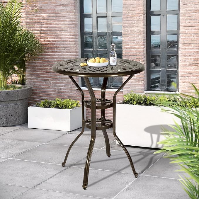 Outdoor Cast Aluminum Bar Table, 31" Patio Bar Height Table with 2" Umbrella Hole, All Weather High Top Bistro Round Dining Table for Outside Deck Porch Balcony Poolside, Dark Bronze