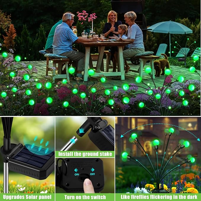 Solar Garden Lights Outdoor Waterproof, Swaying Firefly Light, Garden Decor | 4 Pack Solar Firefly Lights, Auto On/Off Decor for Yard, Patio, Pathway and Lawn, Gifts for Women, Christmas Decor (Green)