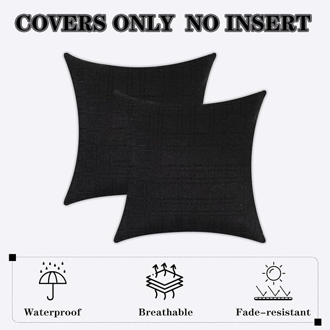 Kevin Textile Outdoor Waterproof 16”x16” Pillow Covers 2 Pack, Black | Water Resistant, Soft Faux Linen-cotton Yarn-dyed Woven Texture Throw Pillow Covers for Tent Patio Garden Couch Sofa