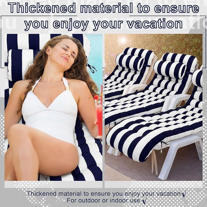 Tudomro Outdoor Chaise Lounge Cushion 66x21x4'' Waterproof & Fade-Resistant Patio Pool Chaise Lounge Cushion Headrest Pillow Tie Replacement Rocking High Back Chair(Navy Blue, White Stripe,1 Pcs)