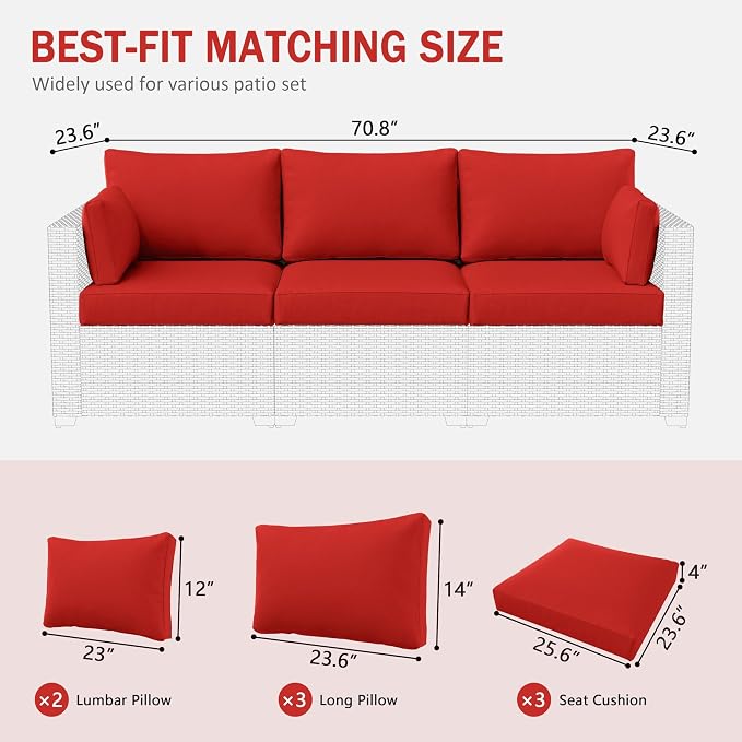 Outdoor Furniture Replacement Cushions, Waterproof Patio Furniture Cushions, 4" Deep Seat Outdoor Sectional Cushion for 3-Seat Outdoors Rattan Sofa Patio Sofa Cushion, Red