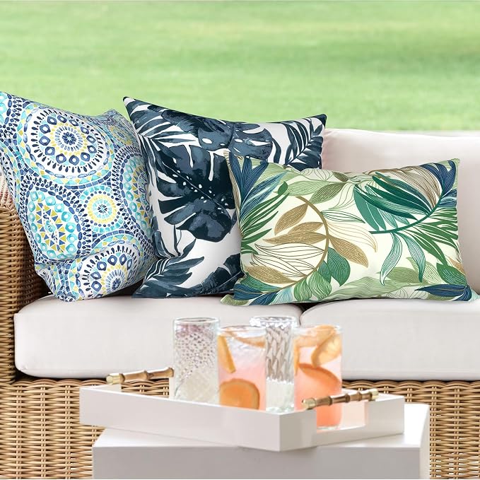 DYTXIII Pack of 2 Outdoor Waterproof Lumbar Pillow Covers ONLY, 12x20 Rectangle Decorative Double Printed Pillow Cases for Patio Couch Porch Furniture - Lush Leaf Green