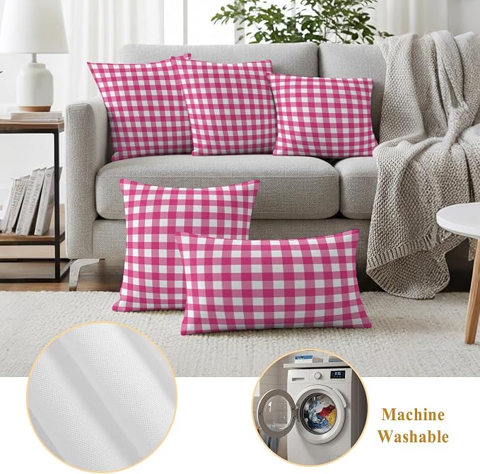 Hot Pink Checks Outdoor Pillow Covers 24"x24" Set of 2, Gingham Plaid Abstract Modern Minimalist Waterproof Throw Pillow Covers for Patio Furniture, Decorative Cushion Covers for Porch